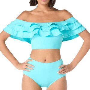 NWT Kate Spade Ruffle River Blue Off Shoulder Wireless Ruffle Bikini Set